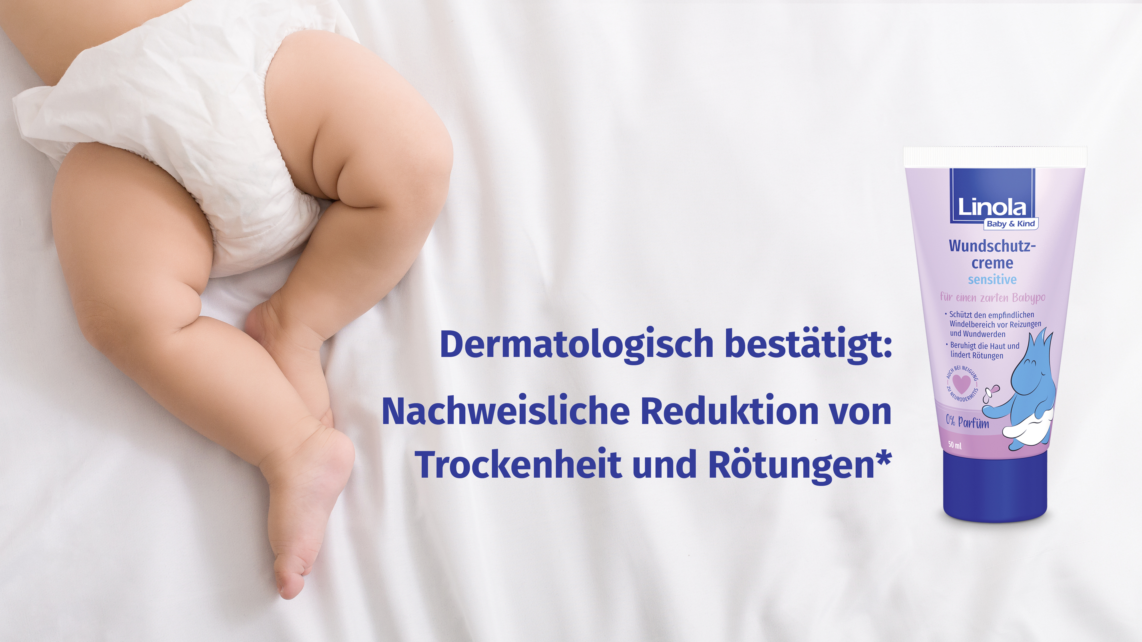 Baby mit Windel, das auf einer weißen Wickelunterlage liegt, daneben eine Tube Linola Baby & Kind Wundschutzcreme sensitive und das Ergebnis eines dermatologischen Tests zur Bestätigung der Hautverträglichkeit